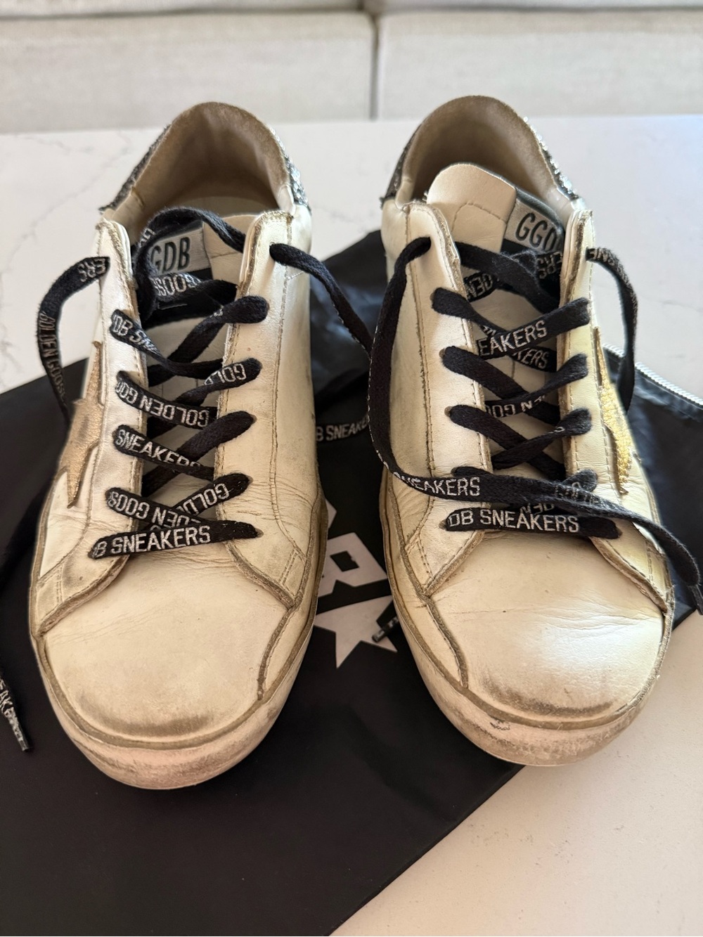 Golden Goose White Leather Sneakers with Black Glitter Heel Tab - Picture 3 of 7